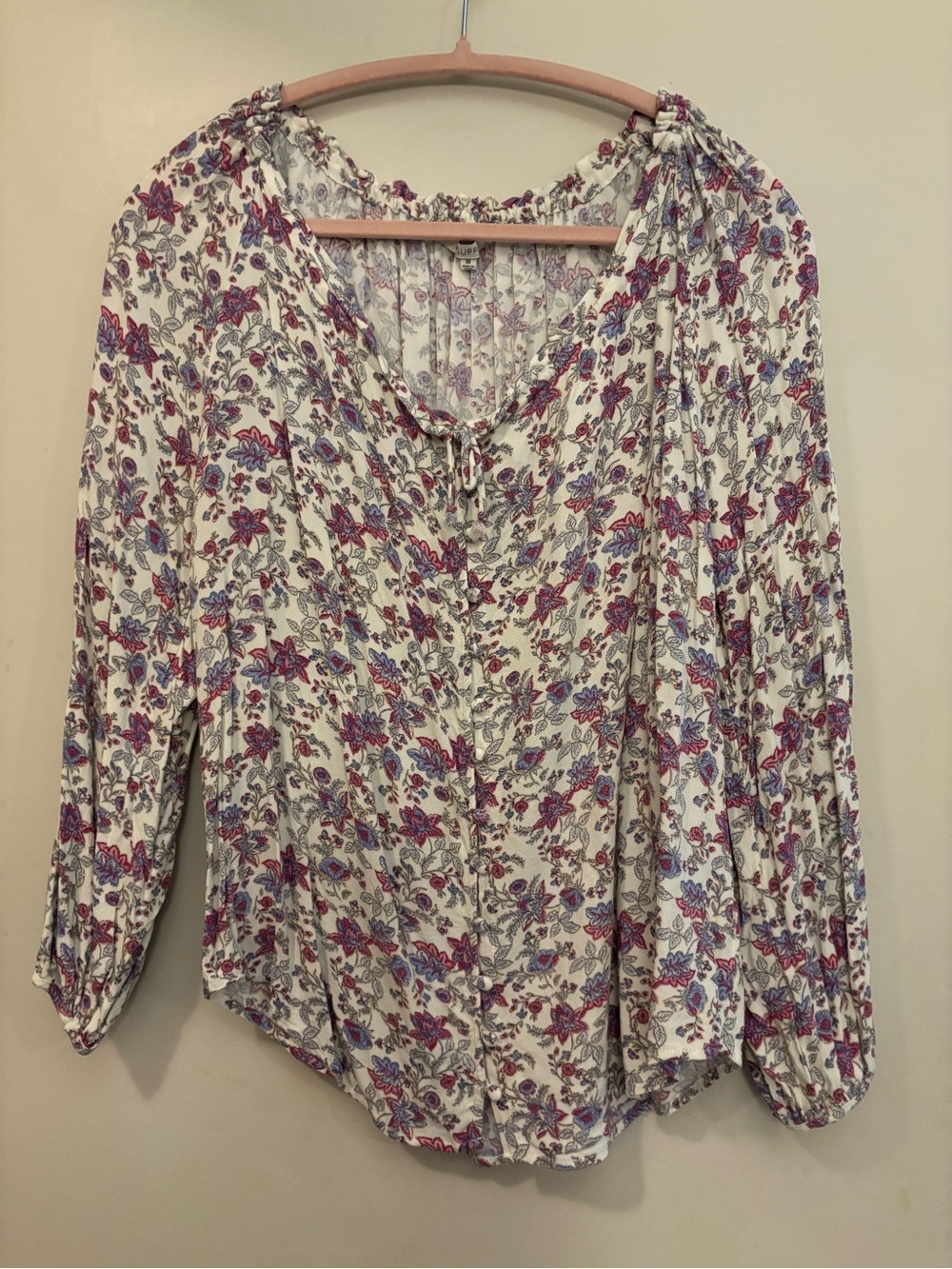Z Supply Cream Floral Peasant Blouse - Pink & Blue Floral